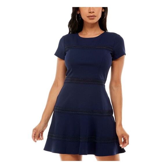 B DARLIN Womens Lace-trim Scuba Crepe Short Sleeve Mini Fit + Flare Dress - Picture 1 of 4